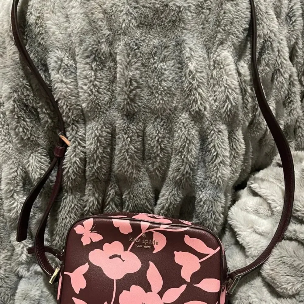 Kate Spade New York Burgundy & Pink Floral Saffiano Camera Crossbody